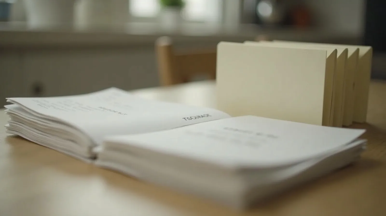 A small accordion file and a stack of paper receipts on a kitchen counter