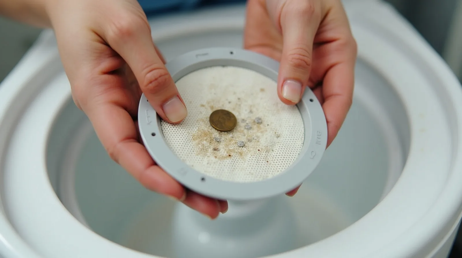 A close-up of hands holding a round washing machine drain filter with lint, a coin, and grime caught in the mesh
