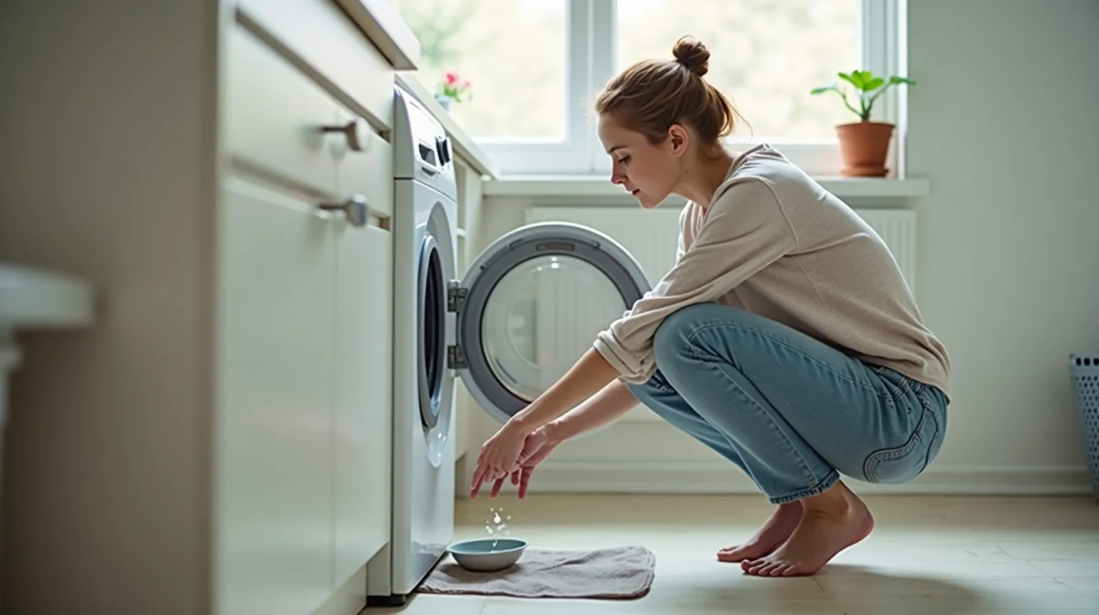 A person crouched in front of an open front-load washing machine pulling out the round drain filter, with a towel and bowl on the floor