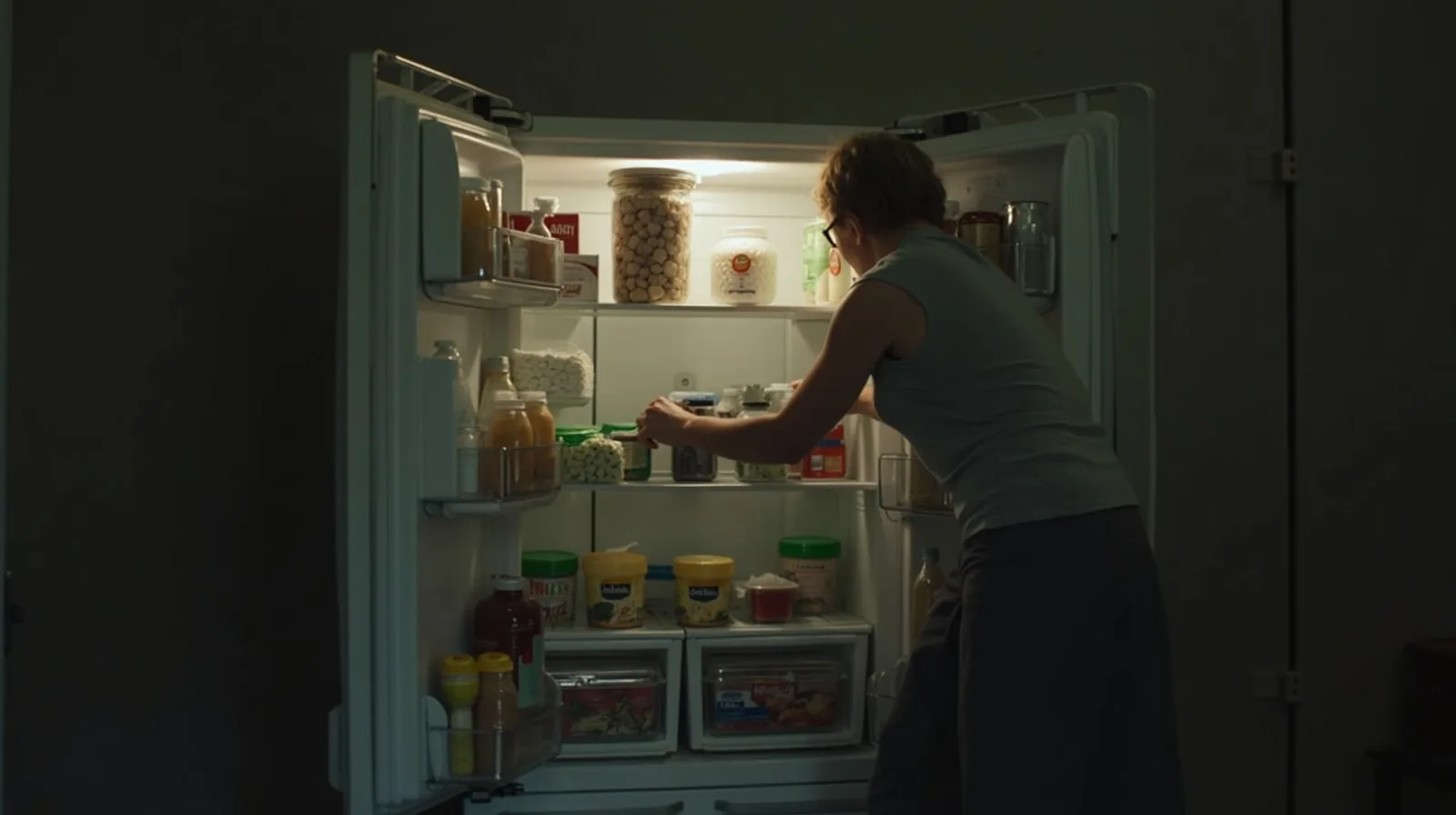 An open refrigerator viewed from the front, neatly arranged, a hand placing a carton on a shelf