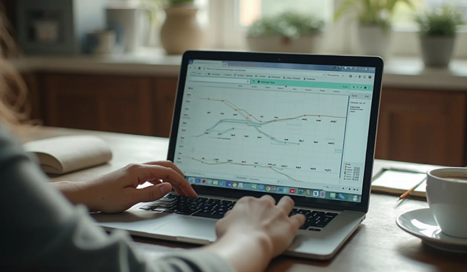 A candid photo of someone comparing travel dates on a laptop at a kitchen table